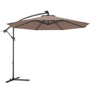 10ft Offset Patio Umbrella with Cross Base, Tan, Polyester Fabric, 96% Sunlight Protection 10ft Offset Patio Umbrella with Cross Base, Tan, Polyester Fabric, 96% Sunlight Protection