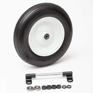 Flat Free Universal Wheelbarrow Replacement Tire | Complete Wheel Assembly | White Rim and Ribbed Tread | 14" Wheel | Adapter Kit Included Flat Free Universal Wheelbarrow Replacement Tire | Complete Wheel Assembly | White Rim and Ribbed Tread | 14" Wheel | Adapter Kit Included