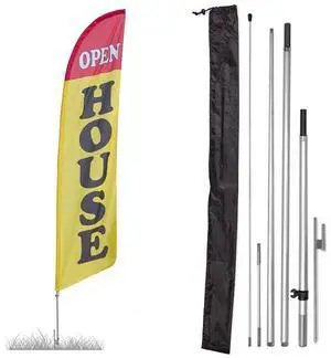 Premium Open House Feather Flag Kit Includes 13ft Sectional Aviation Grade Fiberglass Poles, Yellow Open House Flag, Ground Spike and Pole Sleeve Bag Premium Open House Feather Flag Kit Includes 13ft Sectional Aviation Grade Fiberglass Poles, Yellow Open House Flag, Ground Spike and Pole Sleeve Bag