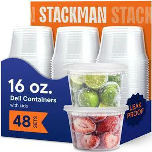 16 oz Deli Containers with Lids (48 Sets) Pint Clear Plastic Food Storage Containers, Airtight Leak-Resistant Seal, BPA-Free, Microwave & Freezer Safe, Meal Prep Soup Takeout To-Go 16 oz Deli Containers with Lids (48 Sets) Pint Clear Plastic Food Storage Containers, Airtight Leak-Resistant Seal, BPA-Free, Microwave & Freezer Safe, Meal Prep Soup Takeout To-Go
