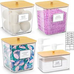 Laundry Pods Storage Container, Clear Laundry Room Organization and Storage ,Detergent Powder Container,with Wooden Lids & Labels, 3+1 Pack Laundry Pods Storage Container, Clear Laundry Room Organization and Storage ,Detergent Powder Container,with Wooden Lids & Labels, 3+1 Pack