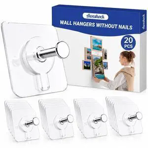 Picture Hangers Without Nails, Nail Free Wall Hangers,20 Counts Adhesive Wall Hooks for Hanging with Waterproof and Oilproof,13 lbs Load Max Picture Hangers Without Nails, Nail Free Wall Hangers,20 Counts Adhesive Wall Hooks for Hanging with Waterproof and Oilproof,13 lbs Load Max