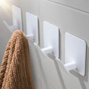 4 Pack Adhesive Towel Hooks - White Heavy Duty Self Adhesive Hooks Stick on Wall Hanging Robes Coats Clothes for Bathroom Bedroom Kitchen Door, Stainless Steel 4 Pack Adhesive Towel Hooks - White Heavy Duty Self Adhesive Hooks Stick on Wall Hanging Robes Coats Clothes for Bathroom Bedroom Kitchen Door, Stainless Steel