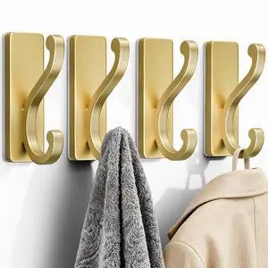 4 Pack Self Adhesive Coat Hooks - Gold Sticky Hangers Wall Mount, Holds 13Lbs for Clothes, Towel, Robes, Keys, Double Hooks for Bathroom, Bedroom and Door. 4 Pack Self Adhesive Coat Hooks - Gold Sticky Hangers Wall Mount, Holds 13Lbs for Clothes, Towel, Robes, Keys, Double Hooks for Bathroom, Bedroom and Door.