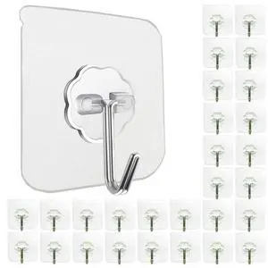 30 Pack Self Adhesive Hooks Heavy Duty - 33lb Max, Adhesive Waterproof Sticky Wall Hooks for Bathroom, Kitchen, Closet, Shower, Wall, Door, Keys No Drilling (Transparent) 30 Pack Self Adhesive Hooks Heavy Duty - 33lb Max, Adhesive Waterproof Sticky Wall Hooks for Bathroom, Kitchen, Closet, Shower, Wall, Door, Keys No Drilling (Transparent)