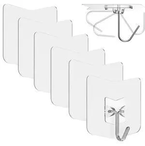 Adhesive Hooks for Hanging 6 Pack, 33 lbs Heavy Duty Wall Hooks 304 Stainless Steel Self Adhesive Towel Hook Waterproof Transparent Sticky Hooks for Kitchen Glass Door (6) Adhesive Hooks for Hanging 6 Pack, 33 lbs Heavy Duty Wall Hooks 304 Stainless Steel Self Adhesive Towel Hook Waterproof Transparent Sticky Hooks for Kitchen Glass Door (6)