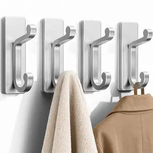 Silver Self Adhesive Hooks - Stick on Hanger for Coats, Towels and Robes, Double Hooks for Door, Kitchen, Bathroom, Shower, Rental Houses, Hold 13lbs, 4 Pack. Silver Self Adhesive Hooks - Stick on Hanger for Coats, Towels and Robes, Double Hooks for Door, Kitchen, Bathroom, Shower, Rental Houses, Hold 13lbs, 4 Pack.