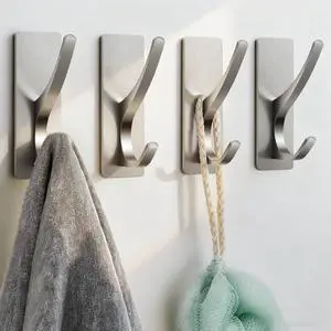 Self Adhesive Towel Hooks: Extra Strong 13LB, Stainless Hook for Hanging Loofah, Towels, Coat, Bath Robe Bathroom Shower, Brushed Nickel, 4 Pack Self Adhesive Towel Hooks: Extra Strong 13LB, Stainless Hook for Hanging Loofah, Towels, Coat, Bath Robe Bathroom Shower, Brushed Nickel, 4 Pack