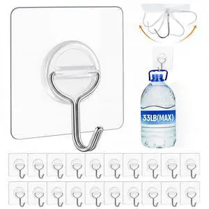 Adhesive Wall Hooks for Hanging Heavy Duty 33lb(Max), Waterproof and Rustproof Transparent Self Adhesive Hooks for Bathroom Kitchen Outdoor and Home Improvement -24 Pack Adhesive Wall Hooks for Hanging Heavy Duty 33lb(Max), Waterproof and Rustproof Transparent Self Adhesive Hooks for Bathroom Kitchen Outdoor and Home Improvement -24 Pack