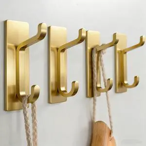 Self Adhesive Wall Hooks for Hanging: Extra Strong 13 LB, Hook for Coat, Towel in Bathrooms, Shower, Kitchen, Wall, Door Hook, Brushed Gold 4 Pack Self Adhesive Wall Hooks for Hanging: Extra Strong 13 LB, Hook for Coat, Towel in Bathrooms, Shower, Kitchen, Wall, Door Hook, Brushed Gold 4 Pack