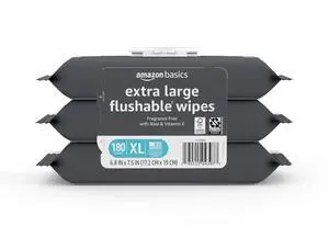 Basics Extra Large Flushable Wipes, Fragrance Free, pH Balanced, with Vitamin E & Aloe, 60 Count, 3-Pack Basics Extra Large Flushable Wipes, Fragrance Free, pH Balanced, with Vitamin E & Aloe, 60 Count, 3-Pack