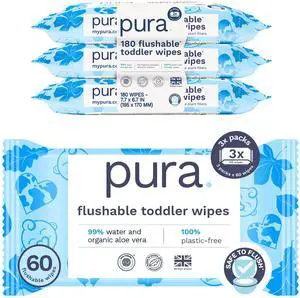 Pura Flushable Toddler Wipes 3 x 60 Wipes (180 Wipes), 100% Plastic Free, 99% Water, Hypoallergenic & Fragrance Free, Totally Chlorine Free, Kids Toilet Wipes, Potty Training Pura Flushable Toddler Wipes 3 x 60 Wipes (180 Wipes), 100% Plastic Free, 99% Water, Hypoallergenic & Fragrance Free, Totally Chlorine Free, Kids Toilet Wipes, Potty Training