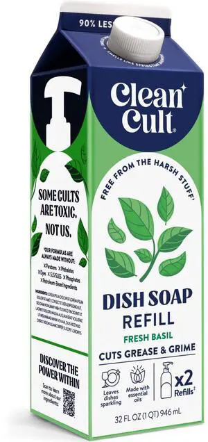 Dish Soap Liquid Refills (32oz, 1 Pack) - Dish Soap that Cuts Grease & Grime - Free of Harsh Chemicals - Paper Based Eco Refill, Uses 90% Less Plastic - Sweet Basil Dish Soap Liquid Refills (32oz, 1 Pack) - Dish Soap that Cuts Grease & Grime - Free of Harsh Chemicals - Paper Based Eco Refill, Uses 90% Less Plastic - Sweet Basil