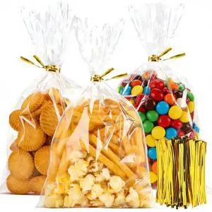 100 Pack Cellophane Bags, 6×10-Inch Clear Cellophane Gift Bags with 100 Gold Twist Ties Included, Plastic Packaging Bags Ideal for Wrapping Cookies, Candies, Party Favors, and Popcorn 100 Pack Cellophane Bags, 6×10-Inch Clear Cellophane Gift Bags with 100 Gold Twist Ties Included, Plastic Packaging Bags Ideal for Wrapping Cookies, Candies, Party Favors, and Popcorn