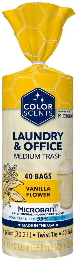 Color Scents Medium Trash Bags - 8 Gallon, 40 Bags (1 Pack of 40 Bags) Twist Tie - Cream Color Bag in Vanilla Flower Scent with Microban Color Scents Medium Trash Bags - 8 Gallon, 40 Bags (1 Pack of 40 Bags) Twist Tie - Cream Color Bag in Vanilla Flower Scent with Microban
