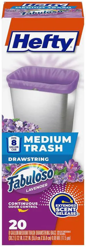 Hefty Medium Trash Bags, 8 Gallon, Purple, Fabuloso Lavender Scented Garbage Bags with Drawstring Closure, 20 Bags Hefty Medium Trash Bags, 8 Gallon, Purple, Fabuloso Lavender Scented Garbage Bags with Drawstring Closure, 20 Bags