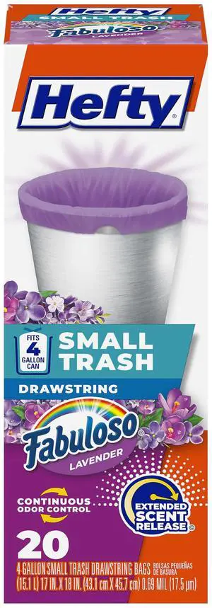 Small Trash Bags, 4 Gallon, Purple, Fabuloso Lavender Scented Garbage Bags with Drawstring Closure, 20 Bags Small Trash Bags, 4 Gallon, Purple, Fabuloso Lavender Scented Garbage Bags with Drawstring Closure, 20 Bags
