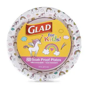 Glad for Kids Unicorn Theme Disposable Paper Plates, Heavy-Duty Soak-Proof Round Plates for Kids Birthdays, Parties, and Everyday Meals, Microwave Safe, 8.5 Inch, 20 Count Glad for Kids Unicorn Theme Disposable Paper Plates, Heavy-Duty Soak-Proof Round Plates for Kids Birthdays, Parties, and Everyday Meals, Microwave Safe, 8.5 Inch, 20 Count