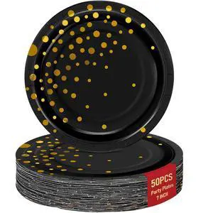 Black Gold Paper Plates for Party, 7" Thickened Gold Dot Disposable Plates (50pcs), Birthday Cake Dessert Plates for Indoor/Outdoor Party Supplies&Decoration, Ideal for Birthday,Graduation,Retirement Black Gold Paper Plates for Party, 7" Thickened Gold Dot Disposable Plates (50pcs), Birthday Cake Dessert Plates for Indoor/Outdoor Party Supplies&Decoration, Ideal for Birthday,Graduation,Retirement