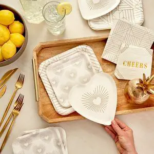 Ivory and Gold Party Supplies (16 Dinner Plates, 8 Square Dessert Plates, 8 Heart Dessert Plates, 16 Dinner Napkins, 16 Beverage Napkins) Hearts, Geometric, "Cheers" Ivory and Gold Party Supplies (16 Dinner Plates, 8 Square Dessert Plates, 8 Heart Dessert Plates, 16 Dinner Napkins, 16 Beverage Napkins) Hearts, Geometric, "Cheers"