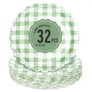 32 PcsScalloped Paper Plates - 9 Inch Gingham Paper Plates Checkered Party Plate - Disposable Plaid Decorative Dinner Dessert Serving Plate - For Baby Shower Wedding Birthday 32 PcsScalloped Paper Plates - 9 Inch Gingham Paper Plates Checkered Party Plate - Disposable Plaid Decorative Dinner Dessert Serving Plate - For Baby Shower Wedding Birthday