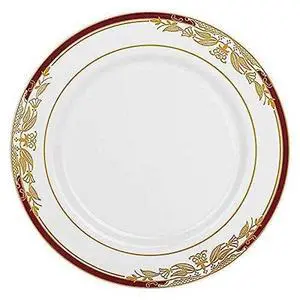 Elegant White with Burgundy & Gold Harmony Rim Disposable Plastic Salad Plates (7.5") - Perfect for Weddings, Upscale Events, Banquets & Special Occasions - Pack of 10 Elegant White with Burgundy & Gold Harmony Rim Disposable Plastic Salad Plates (7.5") - Perfect for Weddings, Upscale Events, Banquets & Special Occasions - Pack of 10