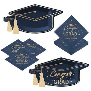 Blue and Gold Graduation Dessert Plates and Napkins Set Blue Gold Congrats Grad & Class of 2026 Disposable Tableware, Graduation Cap Shaped Plates for College & Master Grad, Serve 25 Blue and Gold Graduation Dessert Plates and Napkins Set Blue Gold Congrats Grad & Class of 2026 Disposable Tableware, Graduation Cap Shaped Plates for College & Master Grad, Serve 25