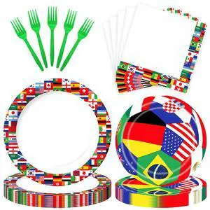 96 Pieces Soccer Plates and Napkins Set, International Flags Disposable Tableware with Green Forks for Football Theme Game Day Birthday Sports Party Supplies, Serves 24 96 Pieces Soccer Plates and Napkins Set, International Flags Disposable Tableware with Green Forks for Football Theme Game Day Birthday Sports Party Supplies, Serves 24