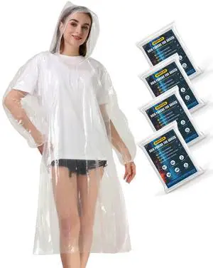 Rain Ponchos for Adults, Disposable 4-Pack Clear Family Ponchos, Emergency Ponchos with Hood for Travel & Outdoor Rain Ponchos for Adults, Disposable 4-Pack Clear Family Ponchos, Emergency Ponchos with Hood for Travel & Outdoor