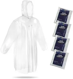 Mindful Design Rain Ponchos with Drawstring Hood (4 Pack) Disposable Emergency Clear Poncho for Adults Mindful Design Rain Ponchos with Drawstring Hood (4 Pack) Disposable Emergency Clear Poncho for Adults