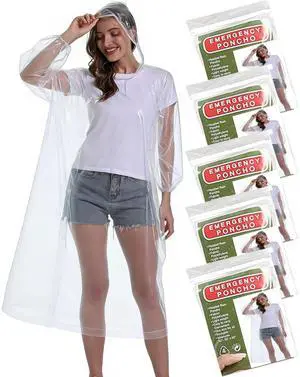 5 Pack Rain Ponchos, with Drawstring Hood Emergency Disposable Rain Ponchos Family Pack for Adults 5 Pack Rain Ponchos, with Drawstring Hood Emergency Disposable Rain Ponchos Family Pack for Adults