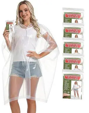5 Pack Disposable Rain Ponchos, with Drawstring Hood Emergency Rain Ponchos Family Pack for Adults 5 Pack Disposable Rain Ponchos, with Drawstring Hood Emergency Rain Ponchos Family Pack for Adults