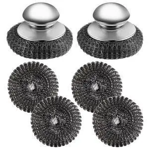 2Pcs Stainless Steel Wool Scrubber with Handle, 4 Replacement Steel Scrubber Wool PadsStainless Steel Scrubber for Cleaning Cast Iron, Dishes, Kitchen Pots, Pans, Grills, Stoves, Sink 2Pcs Stainless Steel Wool Scrubber with Handle, 4 Replacement Steel Scrubber Wool PadsStainless Steel Scrubber for Cleaning Cast Iron, Dishes, Kitchen Pots, Pans, Grills, Stoves, Sink