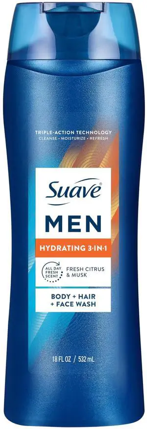Men Hydrating 3-in-1 Body + Hair + Face Wash with Glycerin & Vitamin E, Cleanse, Moisturize, Refresh, No Parabens or Pthalatates, Long-Lasting Fragrance, 18 FL OZ Men Hydrating 3-in-1 Body + Hair + Face Wash with Glycerin & Vitamin E, Cleanse, Moisturize, Refresh, No Parabens or Pthalatates, Long-Lasting Fragrance, 18 FL OZ