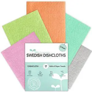 Swedish Dishcloths for Kitchen, 5 Pack Swedish Dish Cloths, Ultra Absorbent Reusable Paper Towels, Cellulose Sponge Cloths, Quick Drying, No Odor, Dishwasher Safe Swedish Dishcloths for Kitchen, 5 Pack Swedish Dish Cloths, Ultra Absorbent Reusable Paper Towels, Cellulose Sponge Cloths, Quick Drying, No Odor, Dishwasher Safe