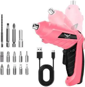 Cordless Electric Screwdriver Set 3.6V Rechargeable Small Power Drill, 3Nm Screw Gun with 2 Position Handle, LED Light, 14 in 1 Driver Bit Set, Pink & Black Cordless Electric Screwdriver Set 3.6V Rechargeable Small Power Drill, 3Nm Screw Gun with 2 Position Handle, LED Light, 14 in 1 Driver Bit Set, Pink & Black