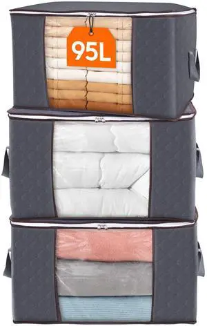3 Pack 90L Clothes Storage Bins with Lids, Foldable Blanket Storage Bags with Zippers, Clear Window and Reinforced Handles, Closet and Organization for Clothing, Sweater, Comforter, Bedding 3 Pack 90L Clothes Storage Bins with Lids, Foldable Blanket Storage Bags with Zippers, Clear Window and Reinforced Handles, Closet and Organization for Clothing, Sweater, Comforter, Bedding