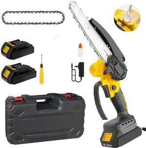 Mini Chainsaw 6 Inch Cordless, Brushless Electric Chainsaw with 2 Batteries & 2 Chains, Lightweight Security Lock Handheld Saw for Tree Trimming & Wood Cutting Mini Chainsaw 6 Inch Cordless, Brushless Electric Chainsaw with 2 Batteries & 2 Chains, Lightweight Security Lock Handheld Saw for Tree Trimming & Wood Cutting