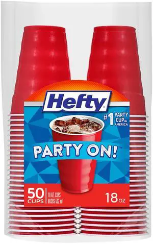 Hefty Party On Disposable Plastic Party Cups, 50 Count, 18 Oz Red Cups for Parties, Tailgates, Birthdays, Holidays, and More, Contoured Shape for Easy Gripping, Strong and Durable Hefty Party On Disposable Plastic Party Cups, 50 Count, 18 Oz Red Cups for Parties, Tailgates, Birthdays, Holidays, and More, Contoured Shape for Easy Gripping, Strong and Durable