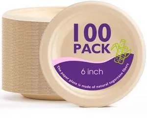 6 Inch 100 Pack Compostable Paper Plates, Biodegradable Heavy Duty Disposable Plates, Round Unbleached Brown Plates Made from Natural Sugarcane Fibers, for Party, Camping, Picnic 6 Inch 100 Pack Compostable Paper Plates, Biodegradable Heavy Duty Disposable Plates, Round Unbleached Brown Plates Made from Natural Sugarcane Fibers, for Party, Camping, Picnic
