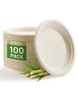 6 Inch Natural Compostable Plates 100 Pack, 100% FSC Certified Unbleached Bagasse Paper Plates, Heavy Duty Eco Friendly Disposable Plates for Party, Wedding, BBQ, Catering & Everyday Use 6 Inch Natural Compostable Plates 100 Pack, 100% FSC Certified Unbleached Bagasse Paper Plates, Heavy Duty Eco Friendly Disposable Plates for Party, Wedding, BBQ, Catering & Everyday Use