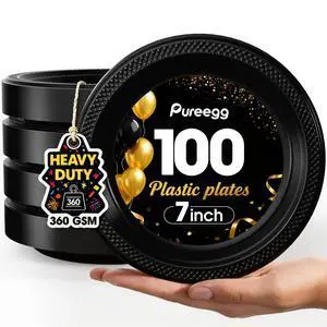 7-Inch Black Plastic Dessert Plates, 100-Count, Disposable Party Plates BPA-Free, Small Salad & Cake Plates for Parties, BBQ, Picnic, Buffet 7-Inch Black Plastic Dessert Plates, 100-Count, Disposable Party Plates BPA-Free, Small Salad & Cake Plates for Parties, BBQ, Picnic, Buffet