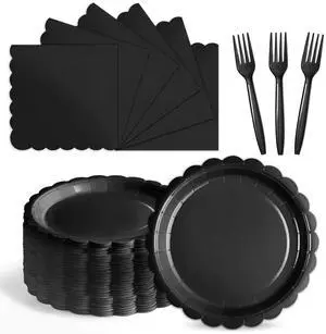 105PCS Paper Plates and Napkins Set, 7 Inch Scalloped Disposable Tableware with Forks for Birthdays, Garden Parties & Outdoor Events, Serves 35 (Black) 105PCS Paper Plates and Napkins Set, 7 Inch Scalloped Disposable Tableware with Forks for Birthdays, Garden Parties & Outdoor Events, Serves 35 (Black)
