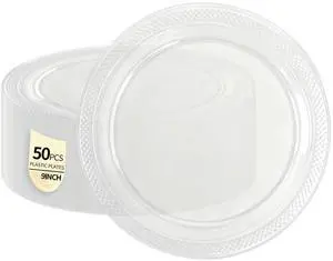 50 Pack Clear Plastic Plates, 9 Inch Disposable Party Plates Dinner Plates for BBQ Picnic Wedding Birthday Travel Events Party Supplies (Clear, 9 Inch) 50 Pack Clear Plastic Plates, 9 Inch Disposable Party Plates Dinner Plates for BBQ Picnic Wedding Birthday Travel Events Party Supplies (Clear, 9 Inch)