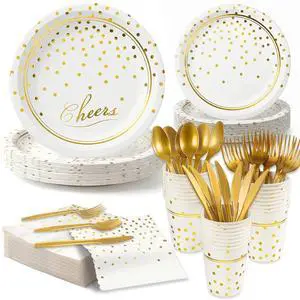 168 Pcs Paper Plates and Napkins Party Supplies, White and Gold Disposable Plates for 24 Guests, Golden Dot Party Plates, Napkins, Cups and Utensils Set for Birthday Wedding Graduation Party Decor 168 Pcs Paper Plates and Napkins Party Supplies, White and Gold Disposable Plates for 24 Guests, Golden Dot Party Plates, Napkins, Cups and Utensils Set for Birthday Wedding Graduation Party Decor