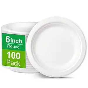 Paper Plates 6 inch, Small Paper Plates 100 Pack, Disposable Plates in Bulk, 100% Compostable Paper Plates, Sturdy Heavy Duty Plates for Dessert, Cake, Appetizer, White Paper Plates 6 inch, Small Paper Plates 100 Pack, Disposable Plates in Bulk, 100% Compostable Paper Plates, Sturdy Heavy Duty Plates for Dessert, Cake, Appetizer, White