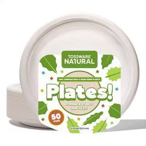 NATURAL 9" Compostable Round Paper Plates Set of 50 - BPI Certified, Heavy Duty Disposable Plates, Natural Bagasse Sugarcane Fiber, White Sturdy Dinner Disposable Plates NATURAL 9" Compostable Round Paper Plates Set of 50 - BPI Certified, Heavy Duty Disposable Plates, Natural Bagasse Sugarcane Fiber, White Sturdy Dinner Disposable Plates