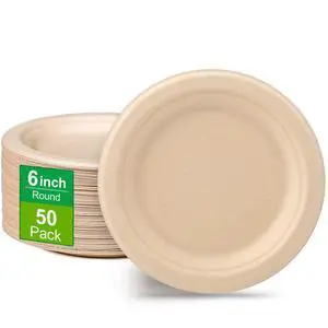 Paper Plates 6 inch, 50 Pack Small Plates, Eco Friendly Disposable Plates Made of Sugarcane Fibers, 100% Compostable Plates, Dessert Plates, Brown Paper Plates 6 inch, 50 Pack Small Plates, Eco Friendly Disposable Plates Made of Sugarcane Fibers, 100% Compostable Plates, Dessert Plates, Brown