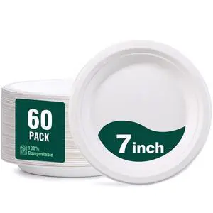 100% Compostable Paper Plates 7 Inch, 60-Pack Heavy Duty Paper Plates Bulk,Biodegradable Bagasse,Eco-Friendly Disposable Dessert Plate for BBQ,Picnic,Party (BPI Certified,Microwaveable) 100% Compostable Paper Plates 7 Inch, 60-Pack Heavy Duty Paper Plates Bulk,Biodegradable Bagasse,Eco-Friendly Disposable Dessert Plate for BBQ,Picnic,Party (BPI Certified,Microwaveable)