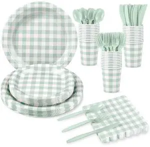 175 Pcs Gingham Party Supplies Include Green Plates and Napkins Disposable Checkered Dinnerware Set for Baby Bridal Shower, Wedding, Birthday, Picnic 175 Pcs Gingham Party Supplies Include Green Plates and Napkins Disposable Checkered Dinnerware Set for Baby Bridal Shower, Wedding, Birthday, Picnic